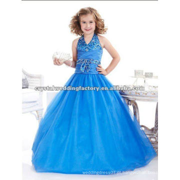 Longo frisado V-neckline falso vestido de bola azul halter feito sob medida meninas vestimentar vestidos CWFaf4742